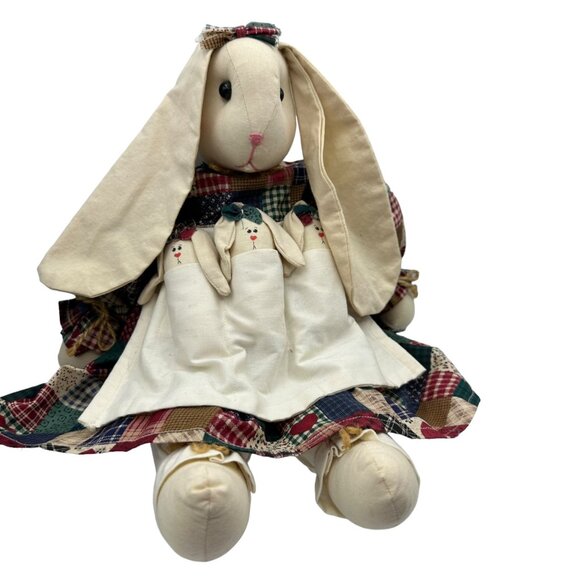 Handmade Patchwork Bunny Doll With Three Baby Bunnies In Apron 18" Plush Decor - Picture 8 of 13